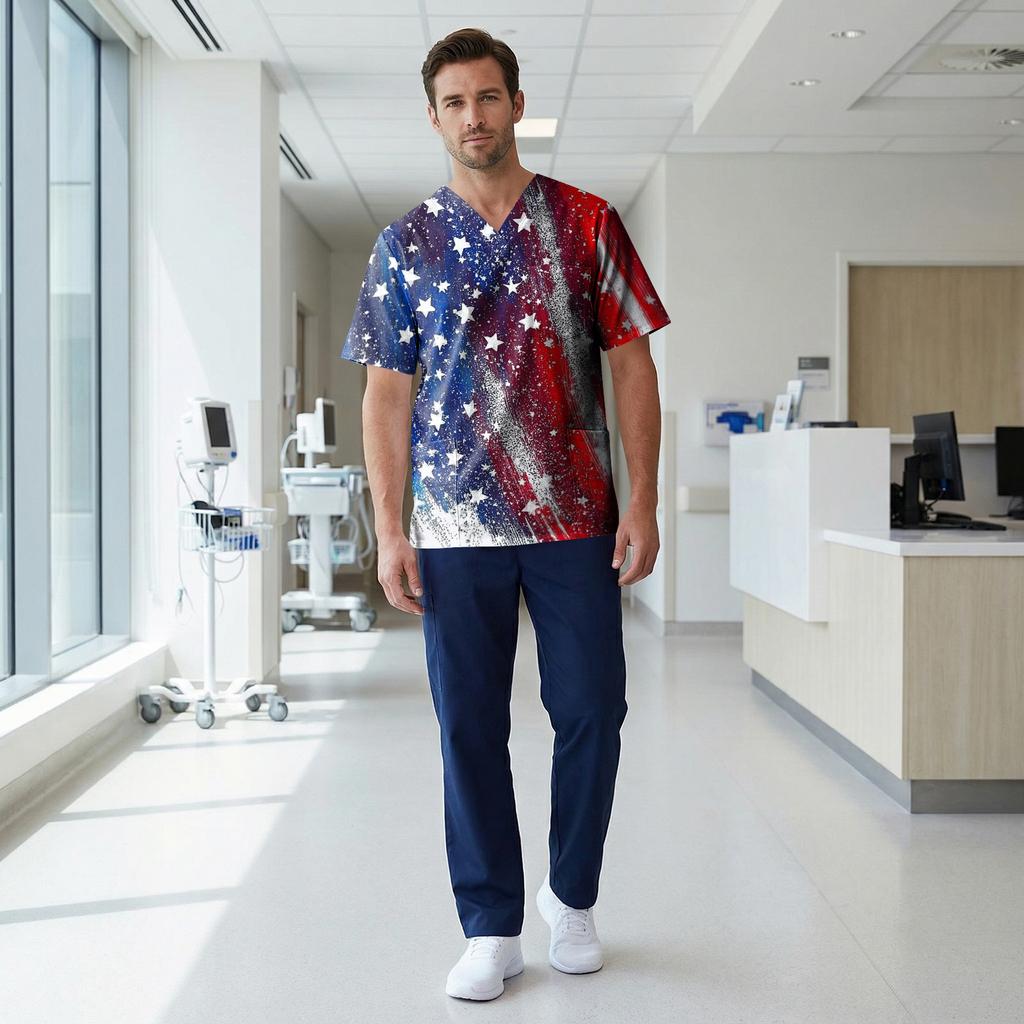 Unisex V Neck Short Sleeve Scrub Top with Star Print and Pocket Design for Healthcare Professionals