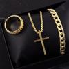 3pcs/set Punk Black Cross Pendant Necklace Thick Chain Bracelet Ring Fashion Zircon Sets Men for Autumn