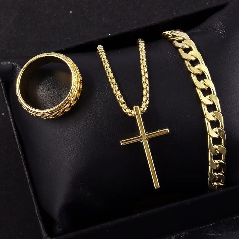 3pcs/set Punk Black Cross Pendant Necklace Thick Chain Bracelet Ring Fashion Zircon Sets Men for Autumn