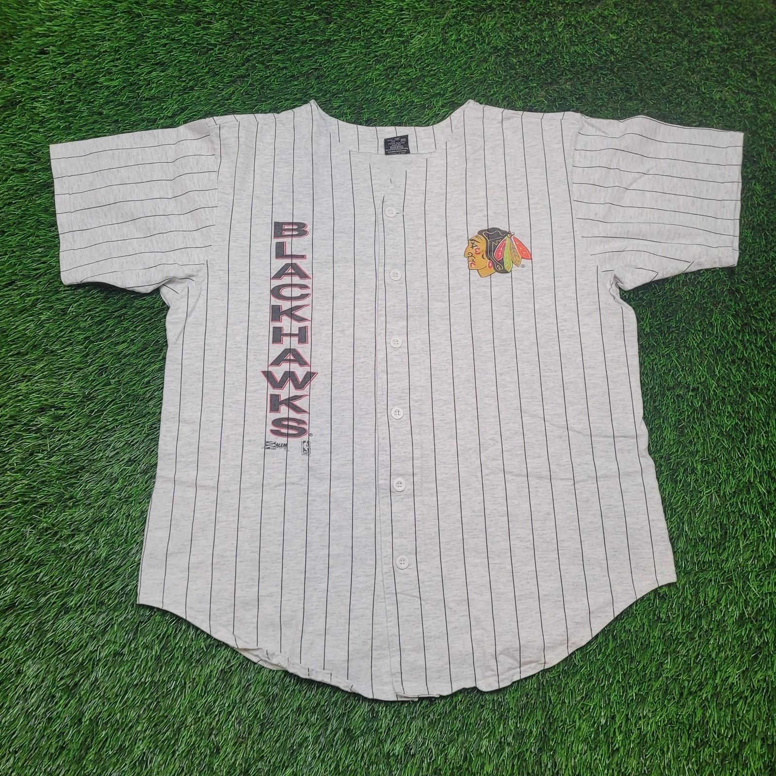 VTG 90s NHL Chicago Blackhawks Pinstripe Button Up Jersey Tee Mens L USA 4XL