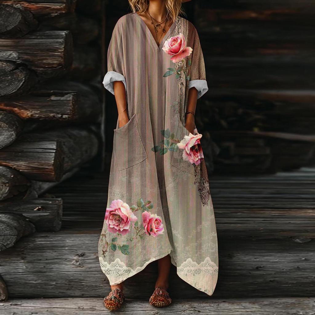 Abito da Donna Casual Svasato Scollo a V Vacanza Boho Spiaggia Vestito Estivo