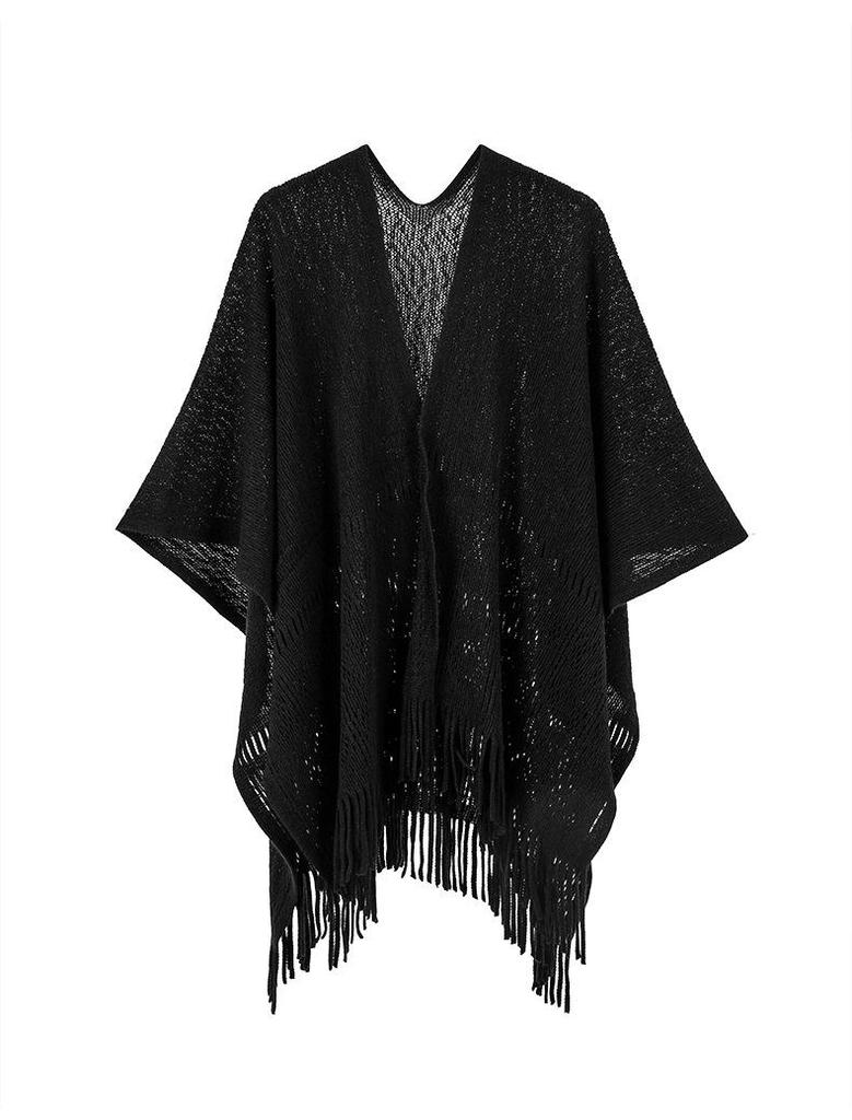 Hot-Selling Knit Shawl: Spring Summer Autumn, Hollow Design, Tassel Trim, Solid Color, Lightweight for European & American Styles.