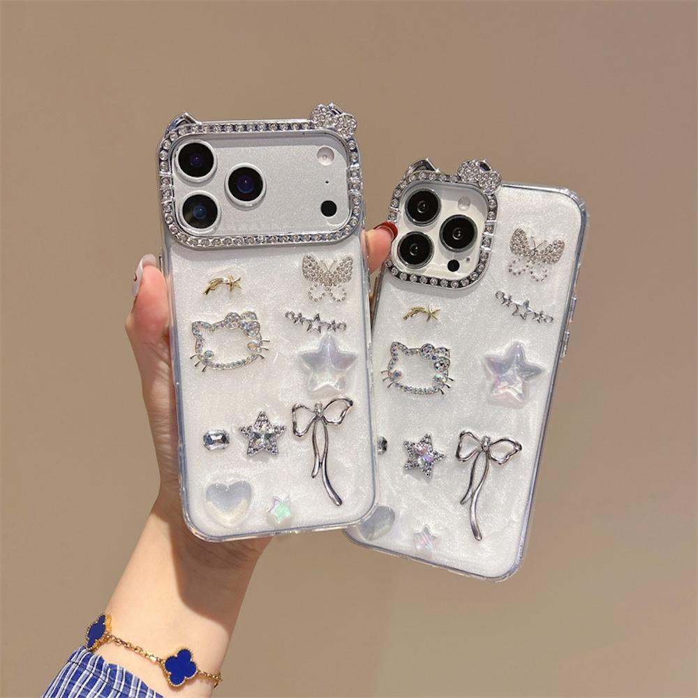 Cute Kitty Luxury Rhinestone Anti-Fingerprint Silicone Phone Cases for 17 Pro Max 16 15 14 13 Bling Sparkly Glitter Soft