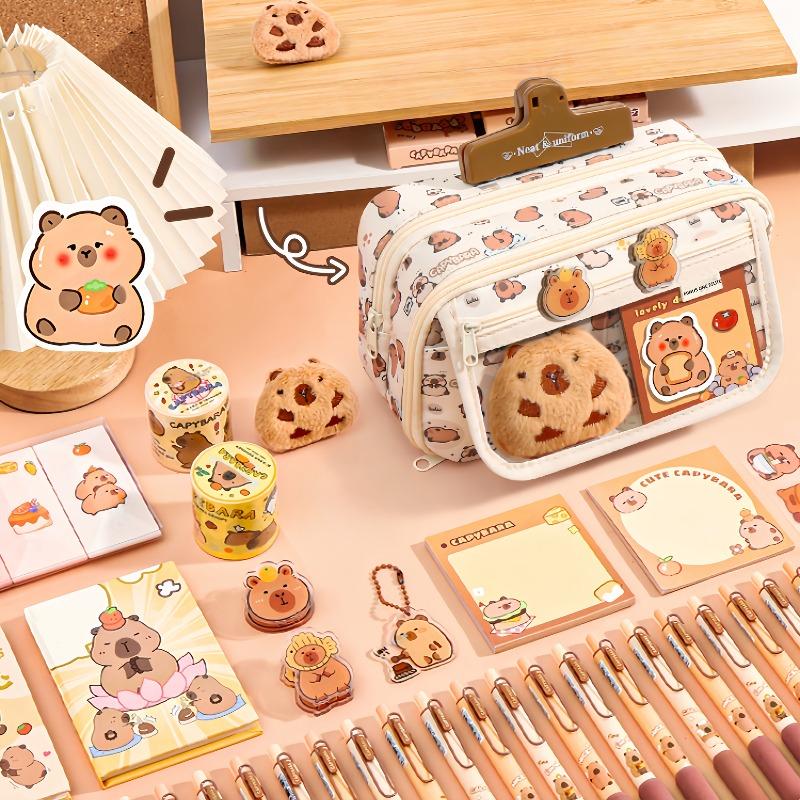 24Pcs capybara canvas pencil case, with doll & stickers, large layered school stationery pouch