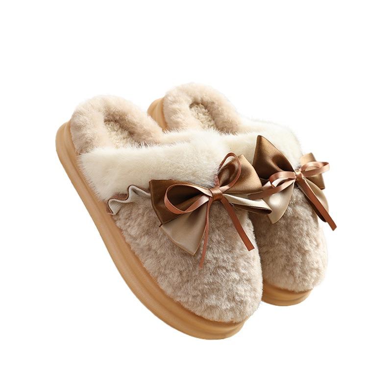 Slippers Cotton Women's Thick-soled Cotton Slippers Household Autumn and Winter Cute Bow Cotton Slippers Women's New Winter Non-slip