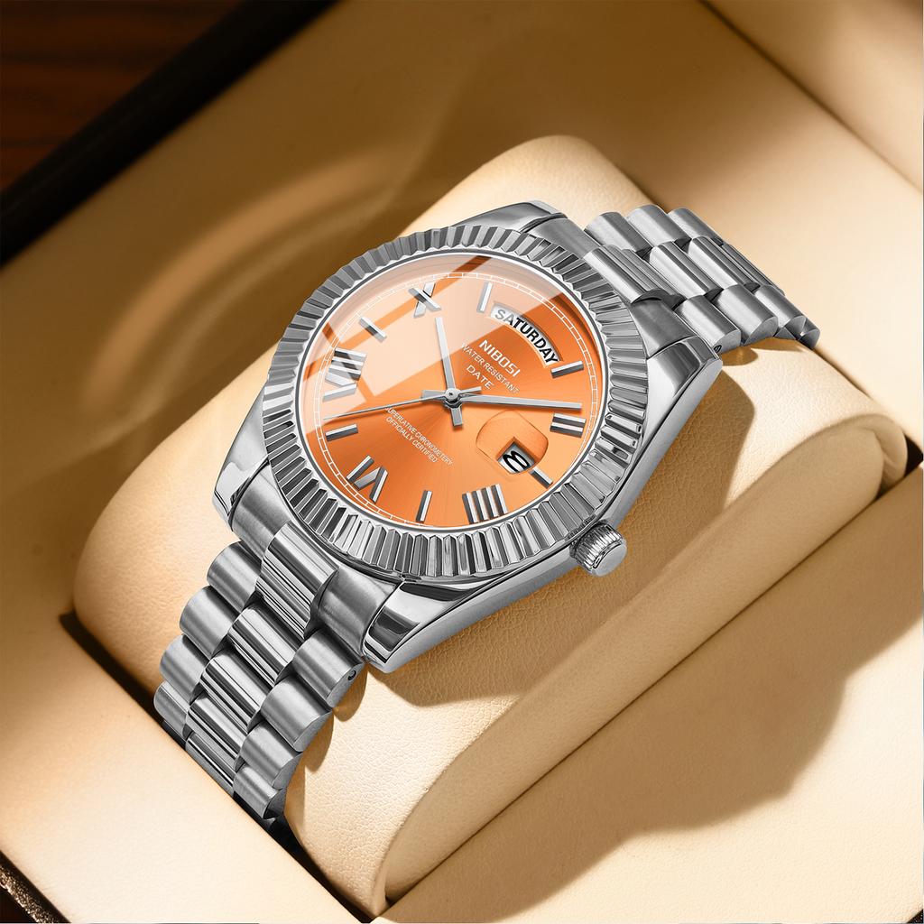 Luksuriøst Gullrødt Kvartsur for Menn Rustfritt Stål Vanntett Selvlysende Dato Uke Mote Herreklokker Reloj Hombre