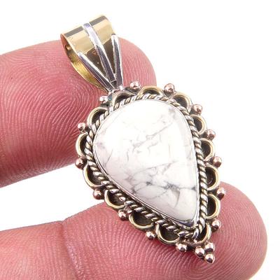 Natural Howlite Gemstone 925 Solid Sterling Silver Two Tone Pendant 1.50'' O9f79