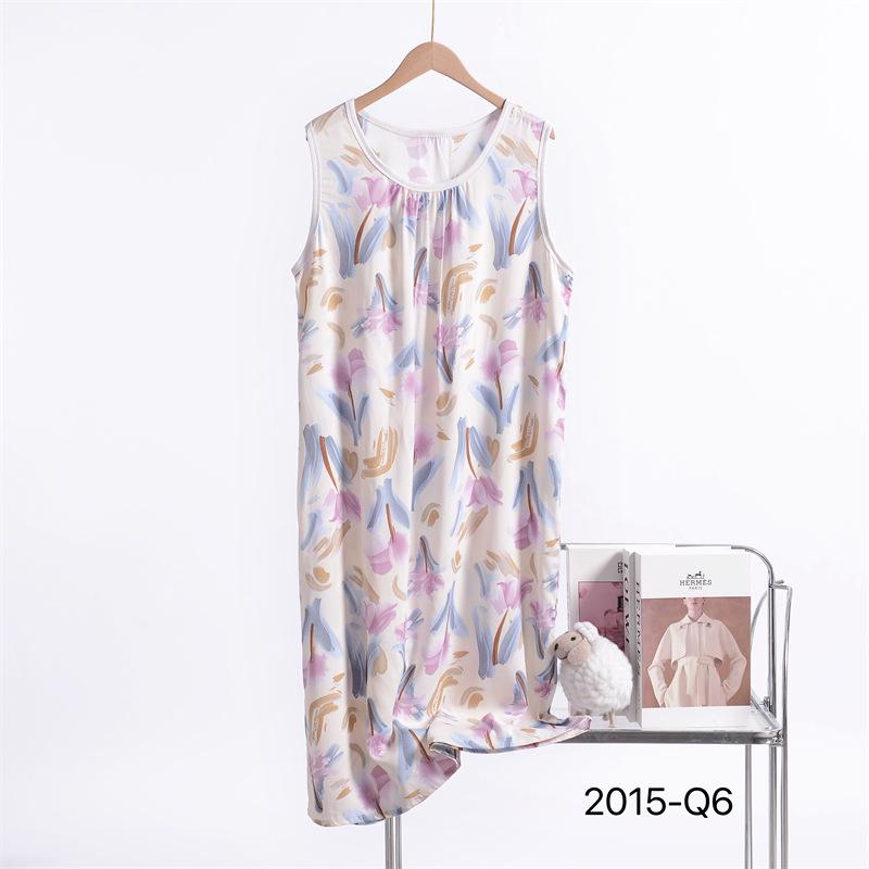 

Женская новая ночная сорочка без рукавов из смесового хлопка и шелка с цветочным принтом 2025 года - Большой размер, Свободный крой 5XL