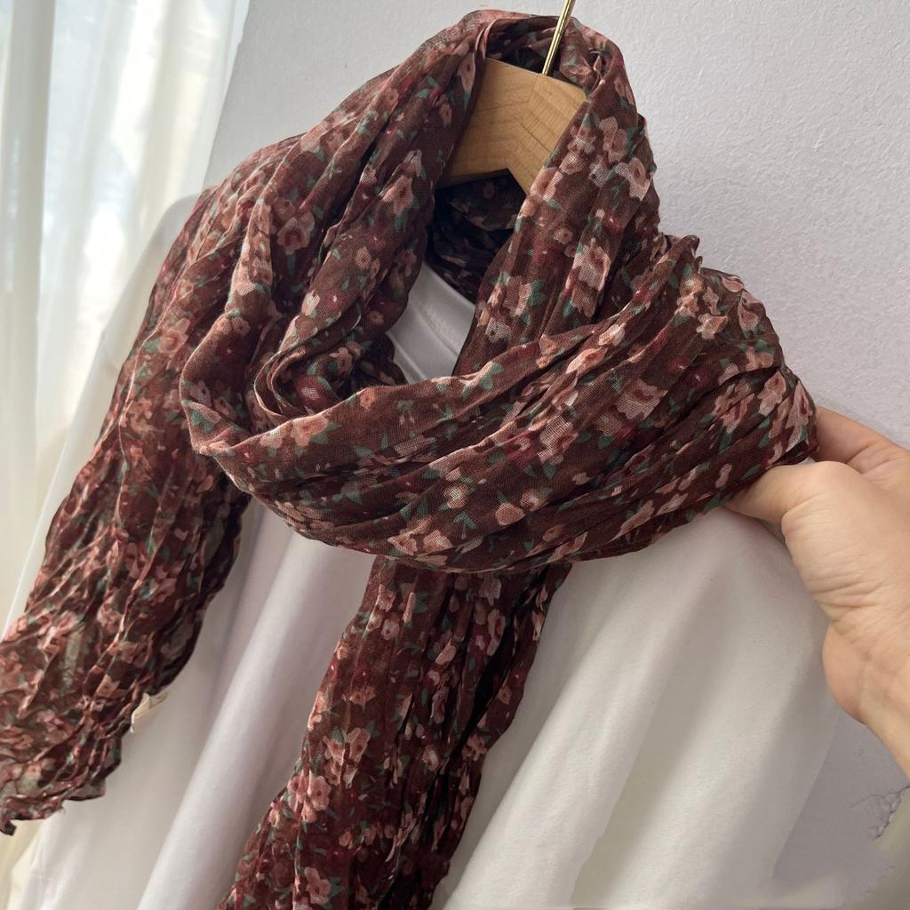 New Retro Literary Imitation Cotton And Linen Pleated Thin Versatile Shawl Small Floral Scarf Yarn Japanese Fashion Trend