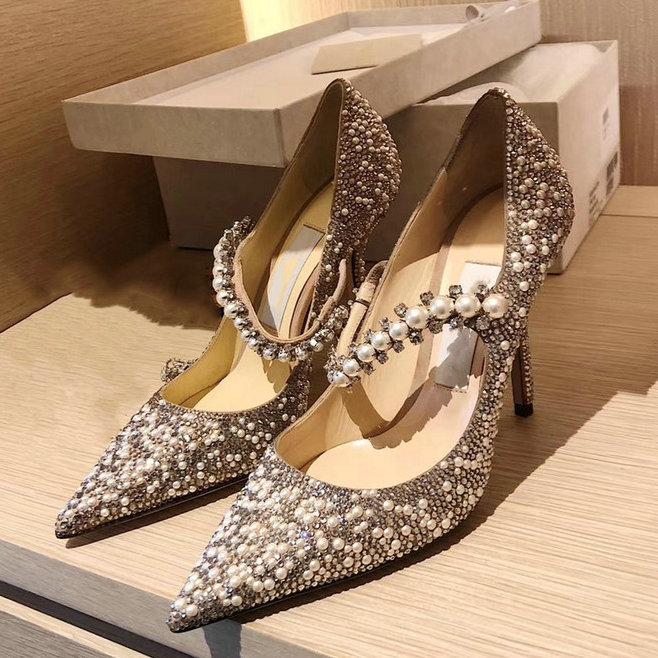 Luxury Brand Women Rhinestone Pumps Pointed Toe Heel String Bead Wedding Shoes Women Elegant Design High Heels Ladies Pumps