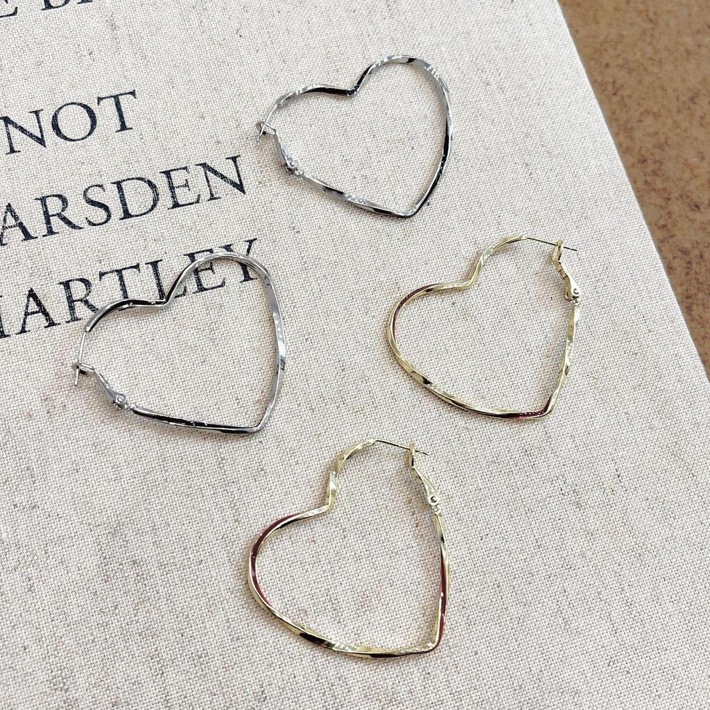 Large Geometric Heart Silver Earrings for Women - Elegant, Simple, European & American Style