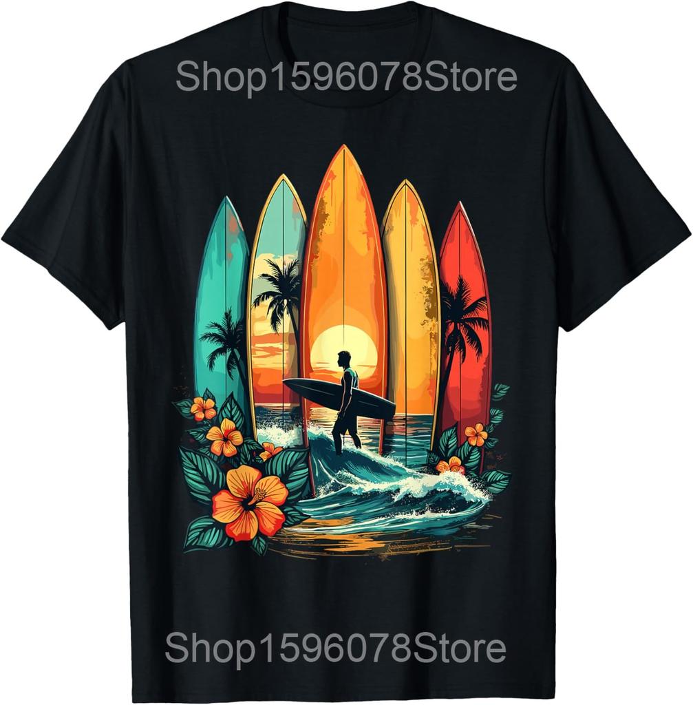 Surfboard Vintage Surfing Surfers Wave  Lover Beach T Shirts Men Streetwear Tee Short Sleeve Unisex Loose Clothing