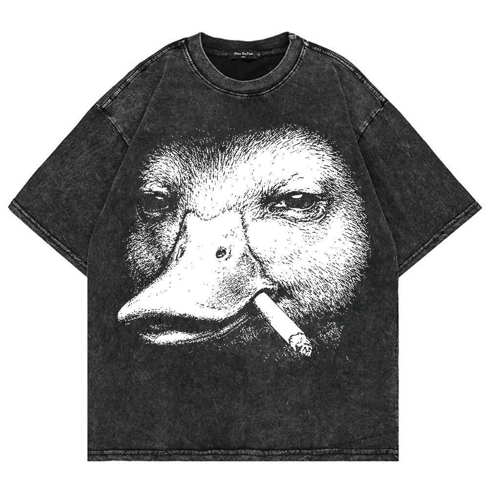 Cotton Vintage Washed YK Funny Smoking Duck Tshirt Fashion MenWomen Retro Cool Meme Oversize Loose Acid Wash Tees Shirts