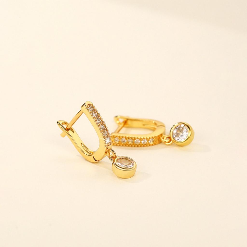 Partial Paved U Shape Huggie Hoop with Single Drop Round Stone Dangle Earrings Women Ear Jewelry