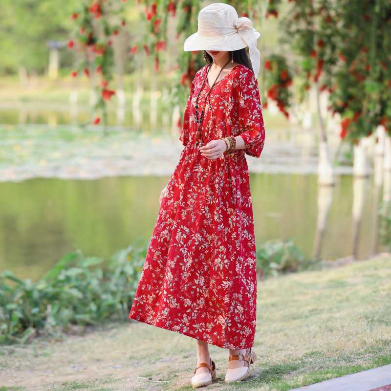 

Длинное платье больших размеров с V-образным вырезом, этническим принтом, разрезными рукавами, свободными завязками на талии M красный