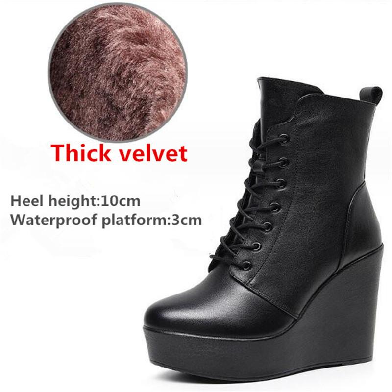 Women Genuine Leather Ankle Boots Winter Female Plush Snow Boots Platform Wedge Boots Women's High Heel Shoes Size 33-43