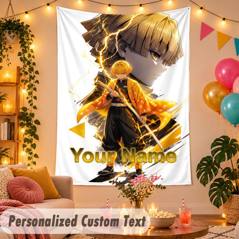Zenitsu Agatsuma Personalized Wall Tapestry Custom Name Text Polyester Hanging Decor Home Room