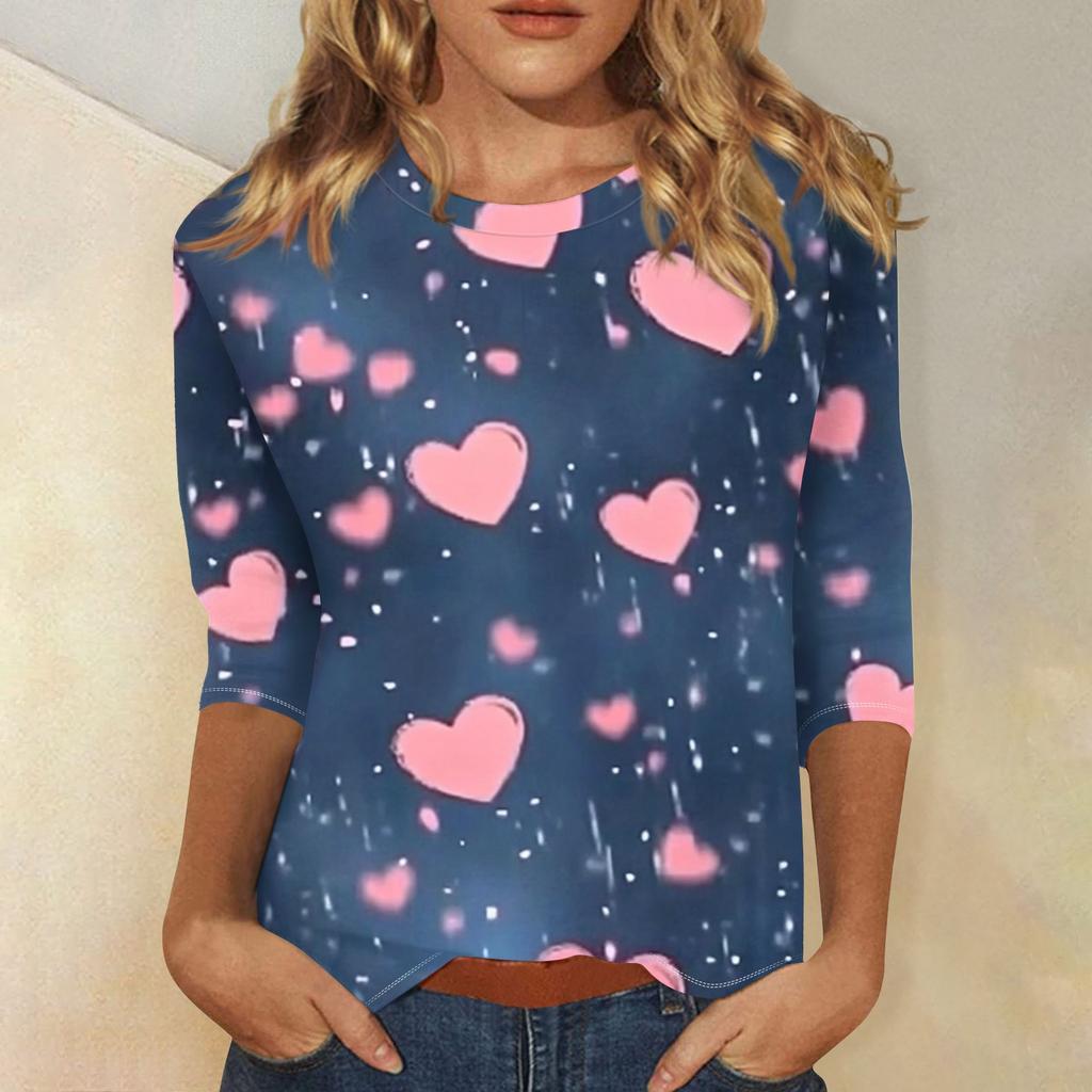 Damenmode Lässiges T-Shirt mit Rundhalsausschnitt und Dreiviertelärmeln zum Valentinstag mit Liebesherz-Aufdruck