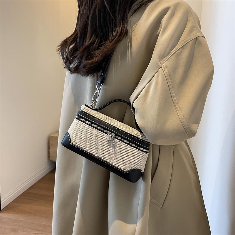 Tragbare Eimer-Box Handtasche Canvas Patchwork Mode Umhängetaschen Damen Pendler Handy-Aufbewahrung Schultertasche Vielseitig Einfach