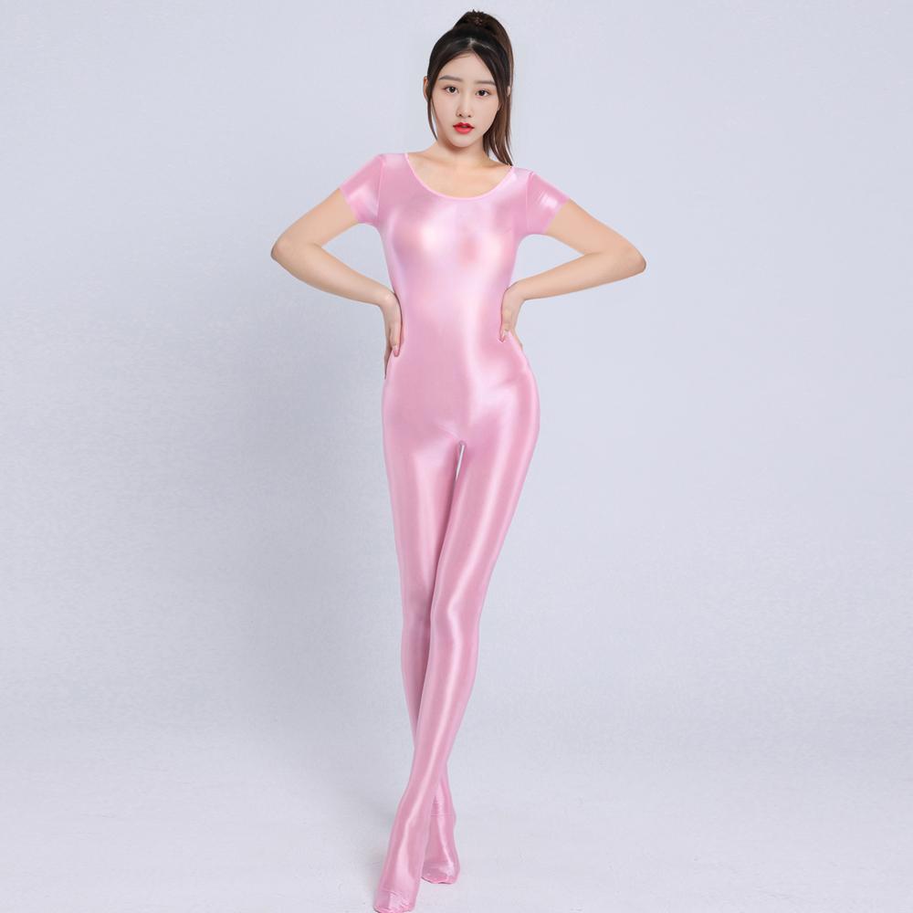 Sexy Women Cosplay Maid Leotard Oil Shiny Glossy Satin Smooth Yoga Shapping Bodysuit Elastic Tights Bodysuits Candy Color
