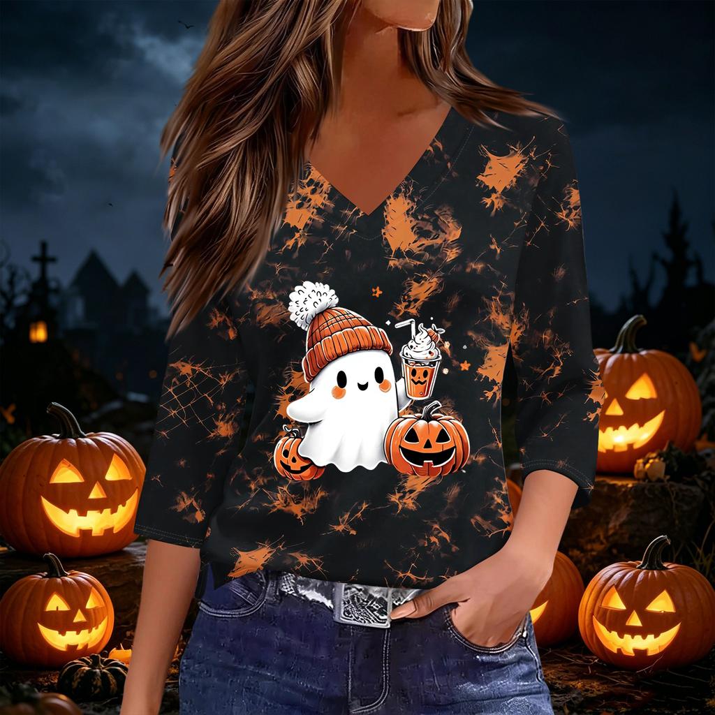 Women's Halloween Print V-Neck Three-Quarter Sleeve Casual Top
