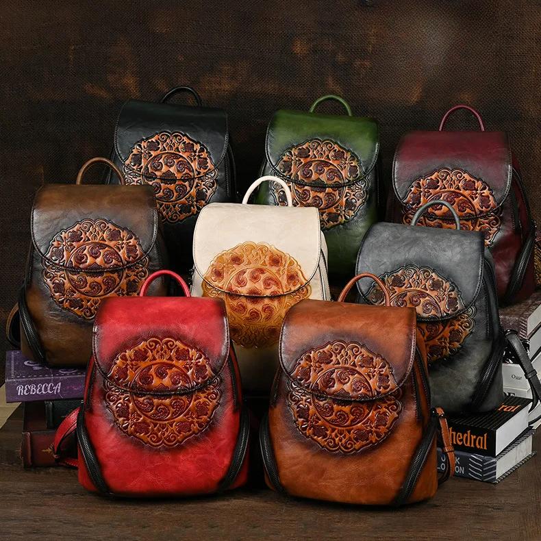 Johnature Vintage cestovní tašky, ručně vyráběné totemové reliéfní velkokapacitní všestranný dámský batoh