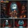 Mocsicka Halloween Background Ancient Night Moon Bat Indoor Home Bookshelf Decorations Child Baby Portrait Photo Backdrop Banner