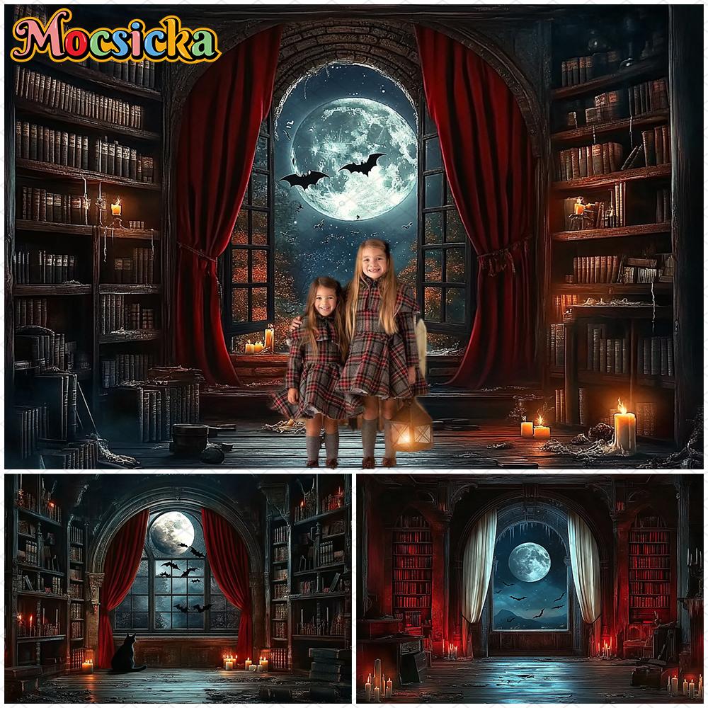 Mocsicka Halloween Background Ancient Night Moon Bat Indoor Home Bookshelf Decorations Child Baby Portrait Photo Backdrop Banner