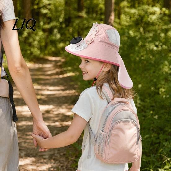 Toddler Sun Protection Hat Kids Cap with Built-in Solar Fan, Wide Brim Cooling Fan Hat, Breathable Mesh Fabric Summer Cartoon Pattern, Shawl Design