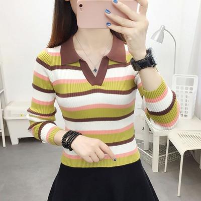 Suéter com Gola Polo Suéter Básico Feminino Novo Outono Listrado de Cintura Alta Manga Longa