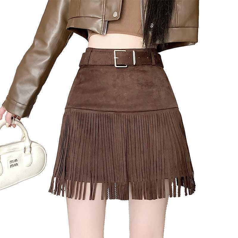 Autumn/Winter High-Waisted Suede Tassel Midi Skirt - Fashionable & Versatile