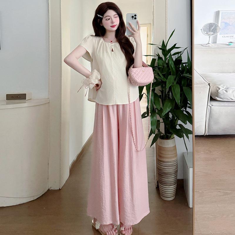 2026 Summer Korean Style Maternity Set: Apricot Flutter Sleeve Shirt & Pink Wide-Leg Pants 2XL