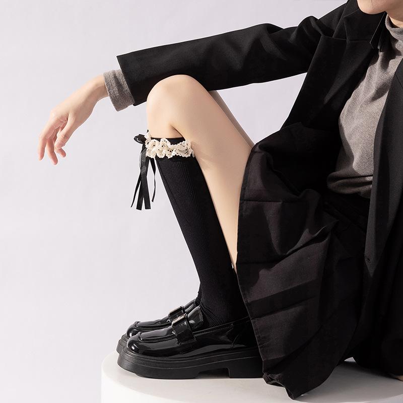 Lace Lolita Calf Socks with Bow Pressure, Long Calf Style, Paired with Boots for Slimming, Ballet Style Reaching The Knees