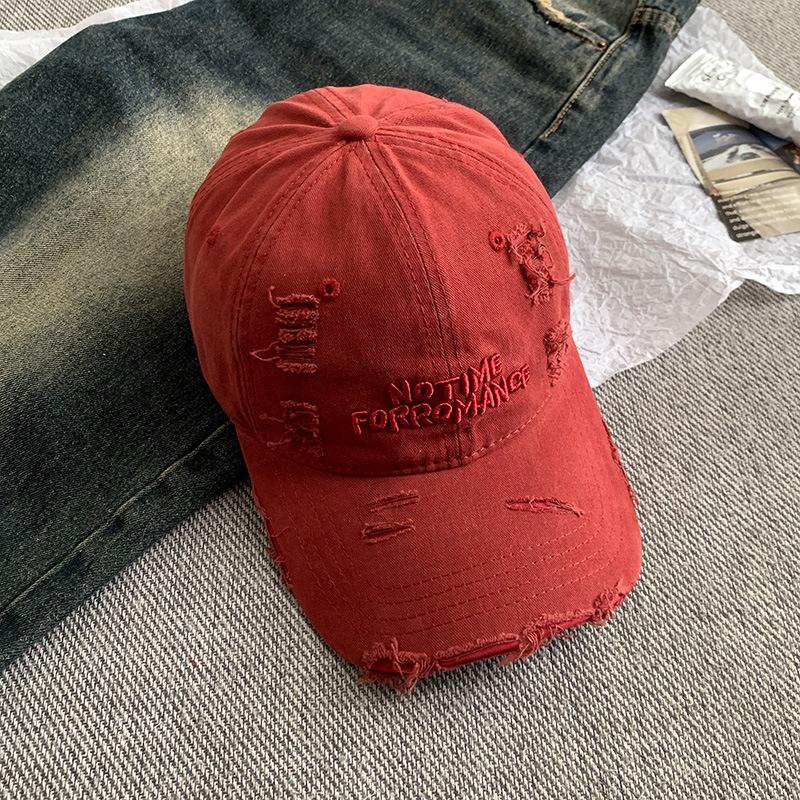 Ripped Beige Letter Baseball Cap, Wide Brim, Big Face, Small Female Cap, Big Head Circumference Hat.