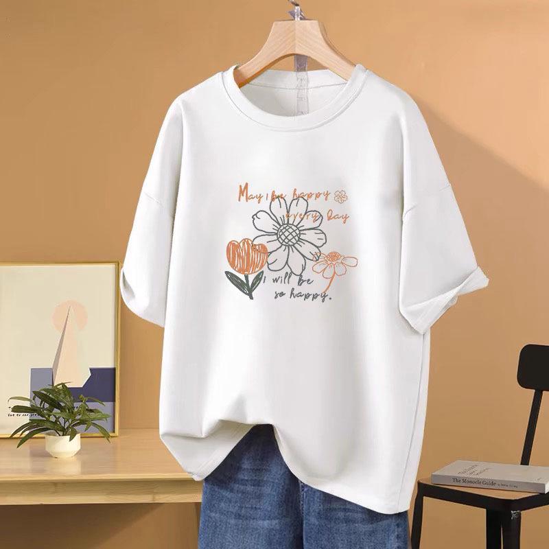 

2025 Топ женский с цветочным принтом больших размеров из чистого хлопка, с коротким рукавом и круглым вырезом XXXL [Recommended 175-200 Jin]