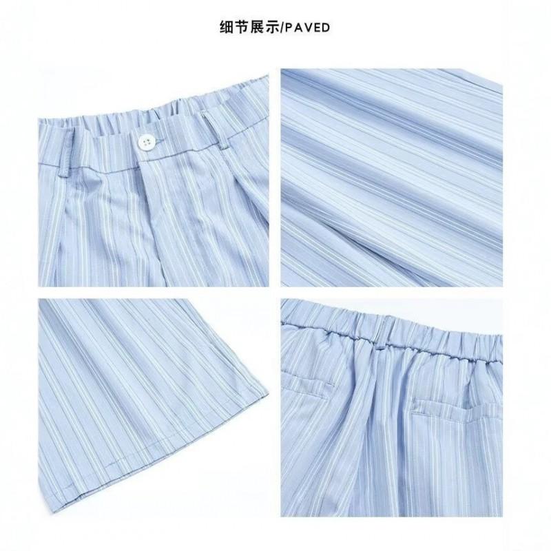Mens Light Blue Striped Pleated Wide Leg Trousers Thin Loose Casual Pants Work Daily