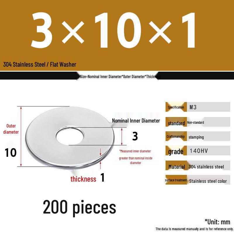 304 Stainless Steel Thickened Flat Washer Set, Sizes 2-36