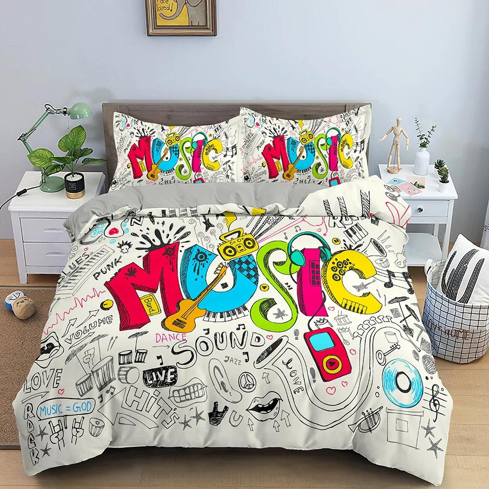Music Note Print Bedding Set Psychedelic Duvet Cover Set Polyester Quilt Cover EU Double King Size Adult Kids Bed Accessories