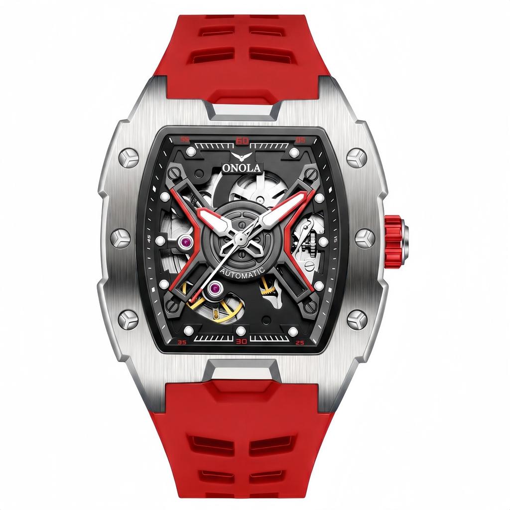 Luminous Skeleton Self Winding Mechanical Watches for Men Tonneau Shape Waterproof Sports Watch Rubber Strap