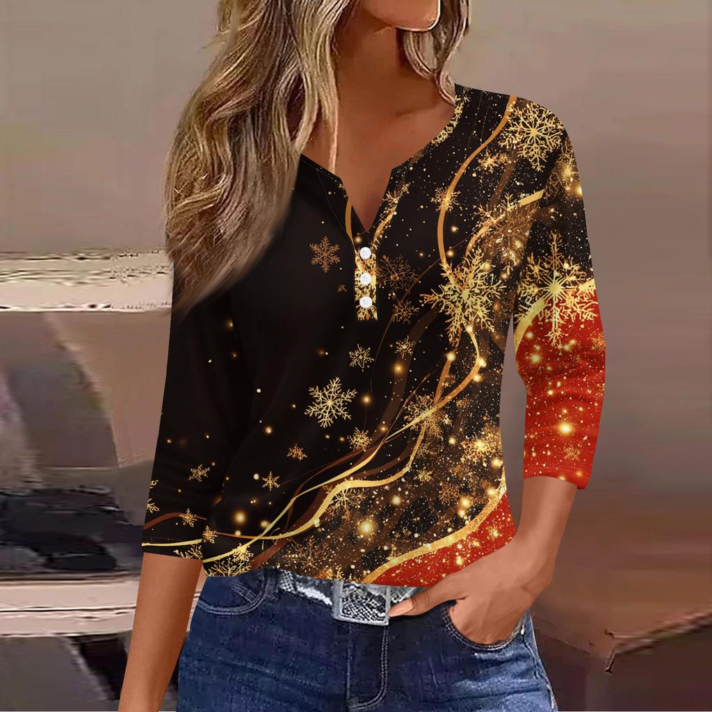 Women's Casual Fashion V-neck Loose Versatile Christmas Print Three-quarter Sleeve Top