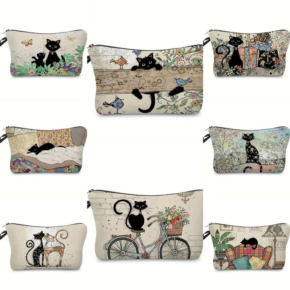 Cute Black Cat Print Cosmetic Bag Large Capacity Polyester Makeup Organizer Portable with Zipper Tarvel Storage Bag
