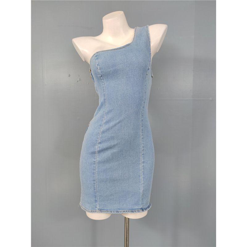 

French Style Stylish Ultra-High Texture One-Shoulder Design Cotton Wash Denim Stretch Skinny Sheath Hepburn Style Dress Cowboy blue S