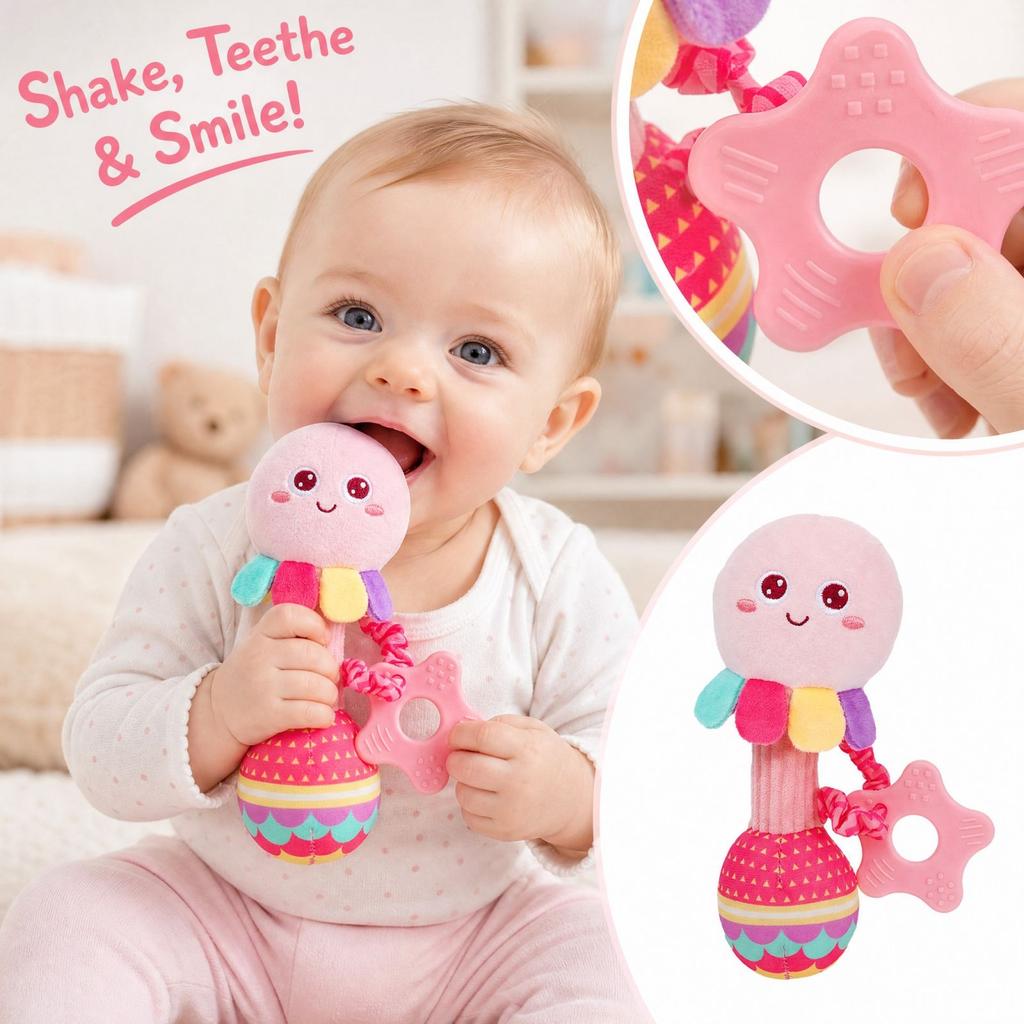 Chewable Baby Hand Rattle and Teether with Grasping Stick for and Infant Comfort Toy
