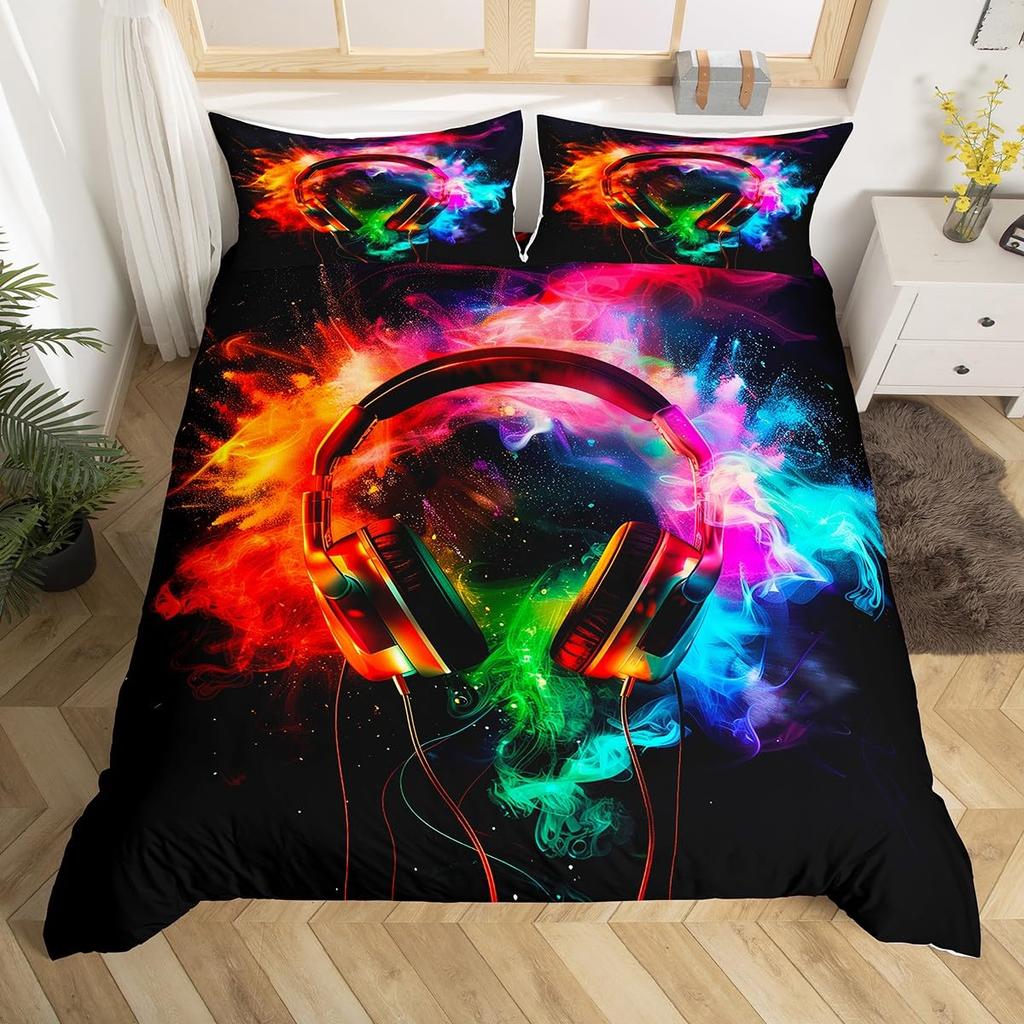 Headphones Duvet Cover Set for Kids Teens Queen Lightweight Down Quilt Covers Bedroom Decor 2 Pillowcases 1 Duvet Cover No Quilt