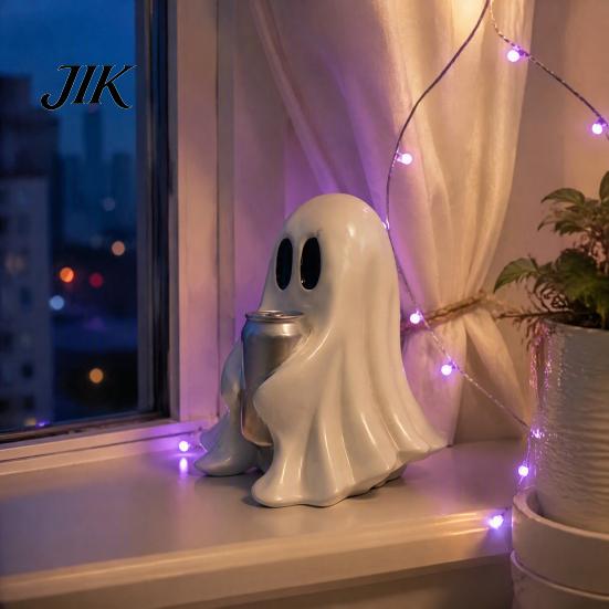 Festive Desk Decorations Halloween Ghost Figurine with Drinks, Resin Statue, Cute Spooky Desktop Small Figures for Gifts Ornament Party Tabletop
