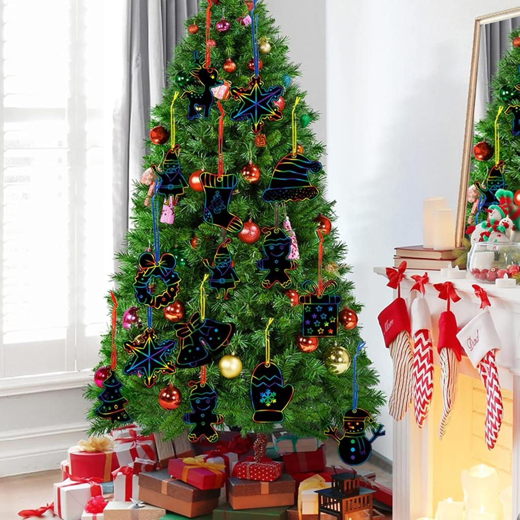 GOMANCHE 48 Pieces Christmas Scratch Art for Kids, DIY Rainbow Scratch Paper Magic Art Crafts Bulk, Christmas Hanging Ornaments for Kids Party Favors