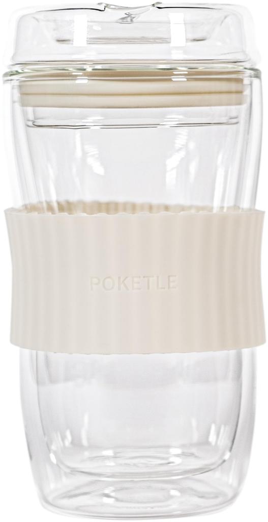 POKETLE Glass Tumbler with Lid, 330ml, Double-Walled, Heat-Resistant, Dishwasher-Safe, BPA-Free, Vidro 330, Ivory