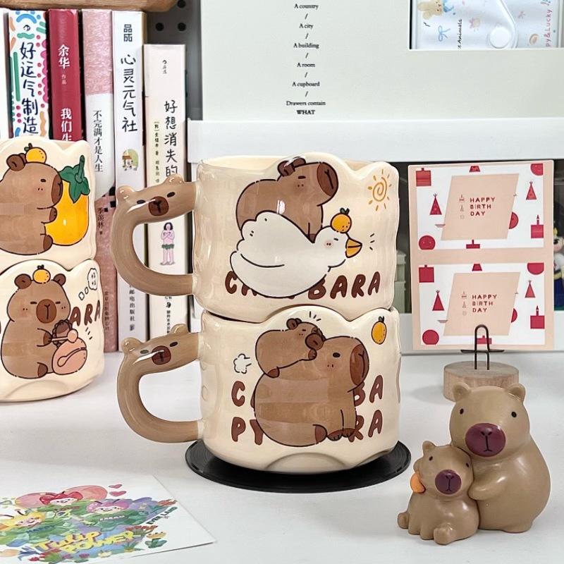 Capibara Stacked Cup Cute Cartoon Ceramic Mug with Handle Female Couple Coffee Cup Birthday Gift