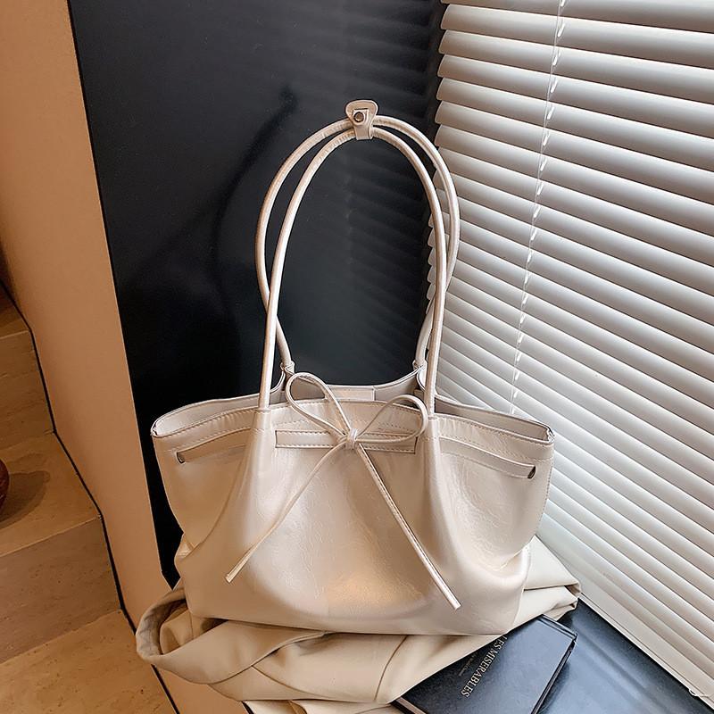 Color Solid Simple Bow Decoration Pleated Design Women Casual Shoulder Bag Tote