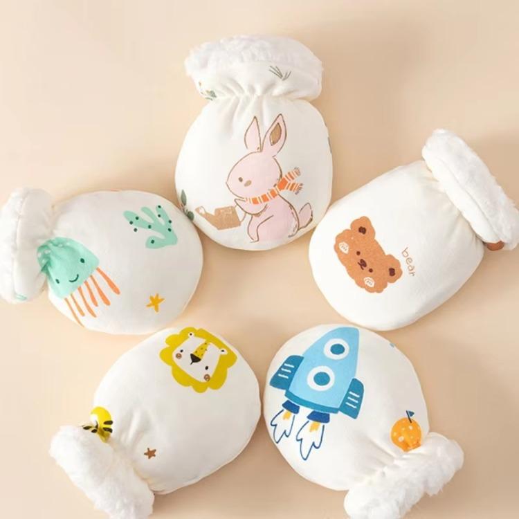 Newborn Baby Mittens 0-24 Months Cartoon Winter Warm Scratch Proof Gloves with Fleece Lining Chewable Teething Hand Protection